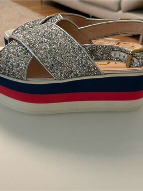 Gucci Silver Glitter Platform Sandals with Navy and Red Stripes